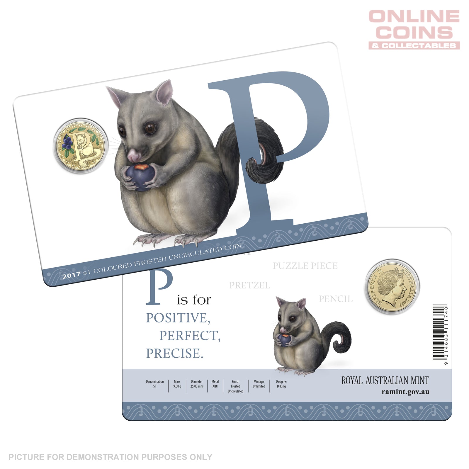 2017 $1 Coloured Alphabet Frosted Coin In Card - P For Possum